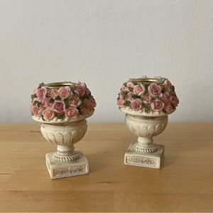 Set of 2 Vintage Rose Pedestal Urn Candlestick Holders | Vintage Home Decor